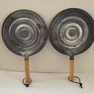 2 Vintage Metal Heat Diffuser Stove Top Flame Tamer Simmer Ring Wood Handle